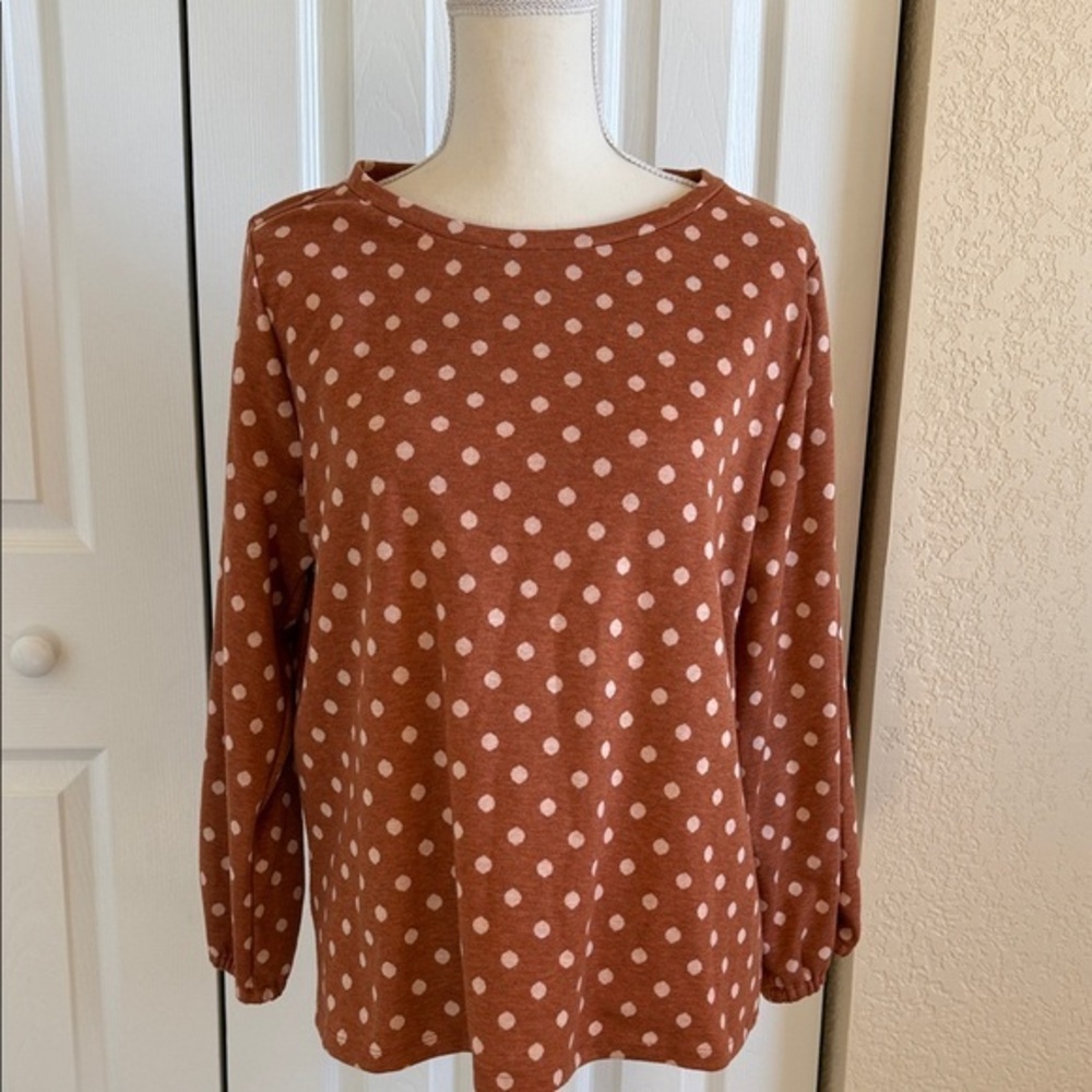 LOFT Brown and Pink Polka Dot Long Sleeve Top